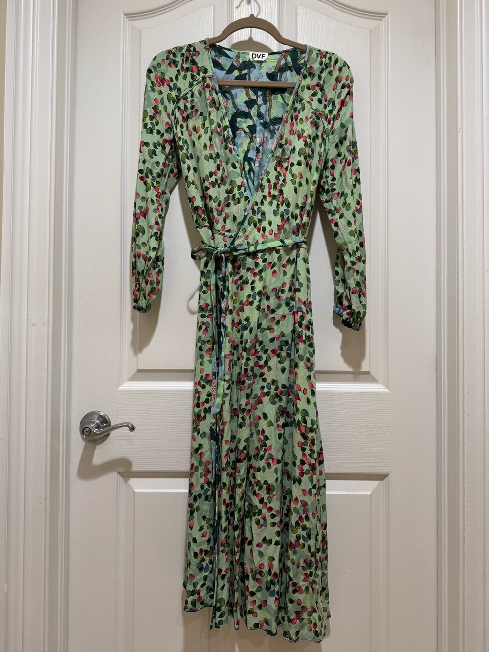 Diane Von Furstenberg Light Green Cherry-Print Wrap Dress reversible floral